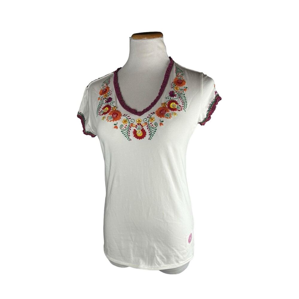 Double D Ranch White Tee with Floral Embroidery and Magenta Trim